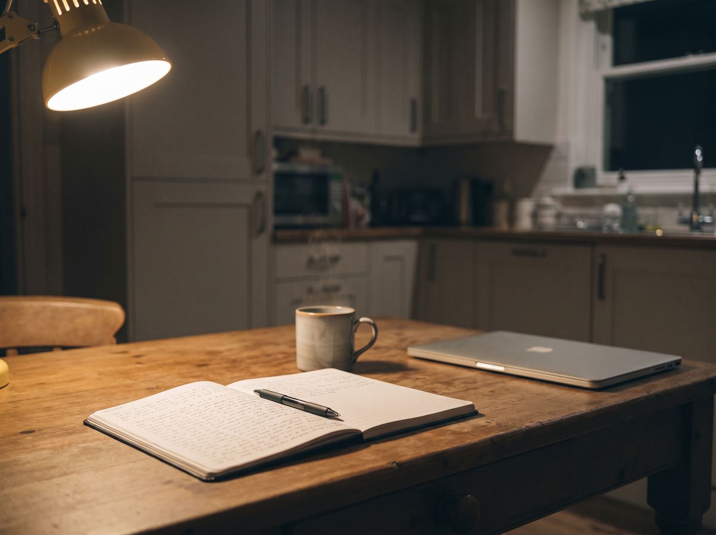 A notebook and pen on a kitchen table under a single lamp at night